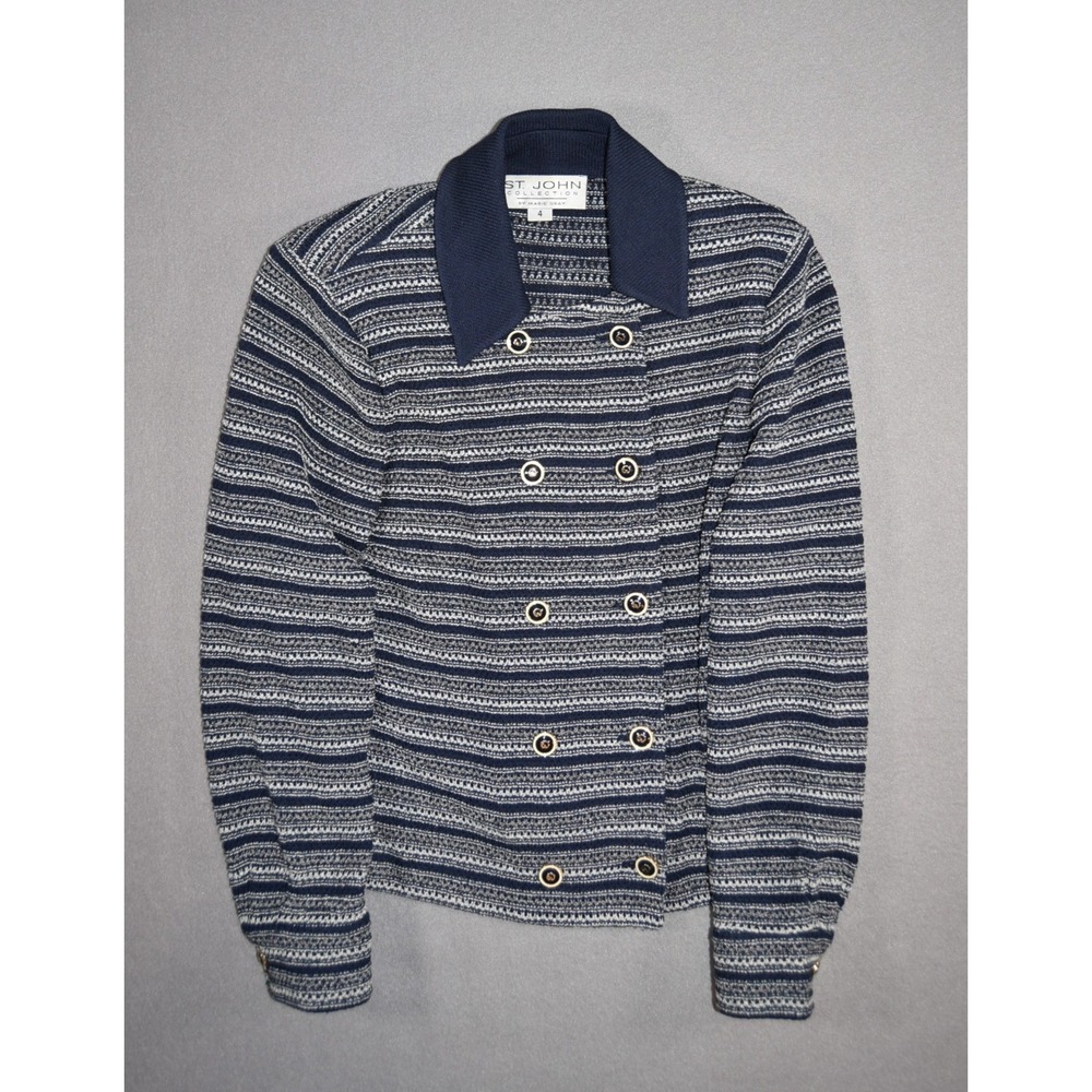 St John Jacket Womens 4 Navy Santana Knit Striped Sweater Double Breasted Blazer
